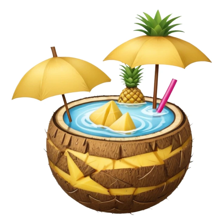 A tropical cocktail served in a coconut shell with a mini umbrella and pineapple.
 sticker