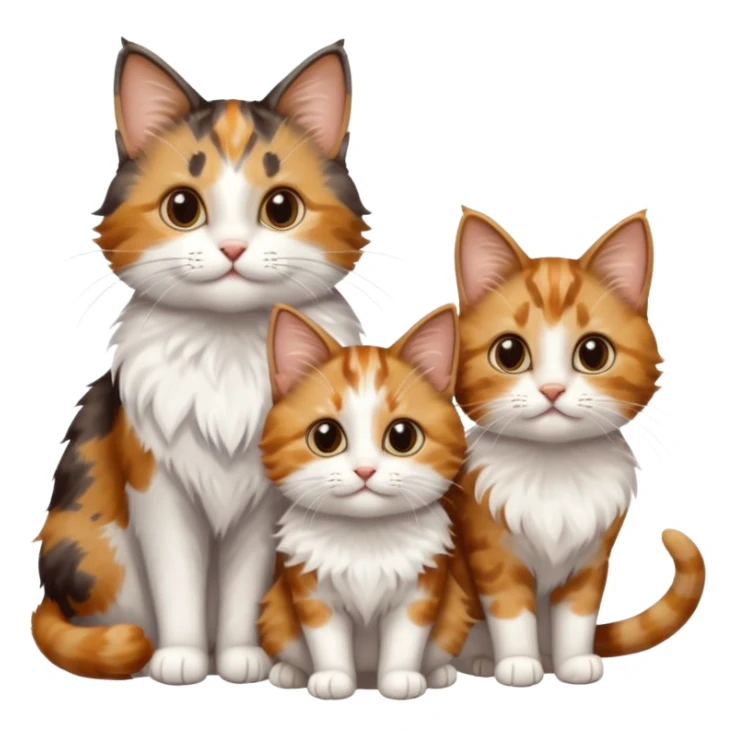 3 different coloured small cats including a dark brown tabby and white, and a patchy calico, and a ginger and white sticker