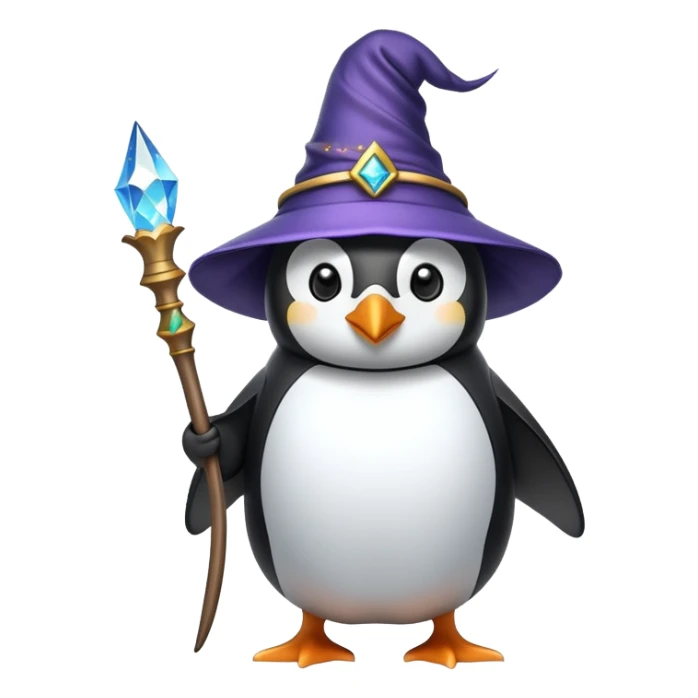 Penguin dressed as a wizard with a magical wand and pointy wizard hat sticker