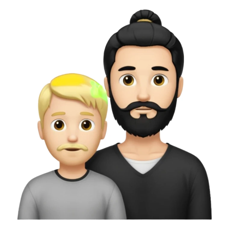 Man with long black hair tied in a tail and beard with a young boy blond short-haired without a beard sticker