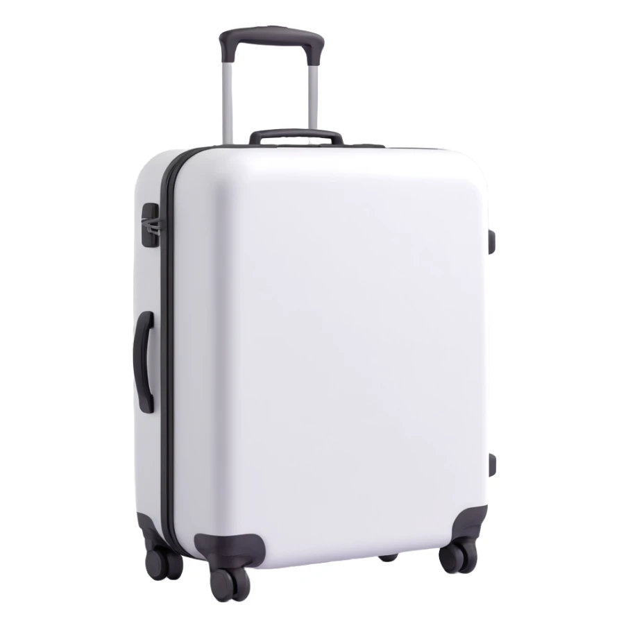 white suitcase on wheels with handle, 3D Emoji style, soft shadows and highlights, pure white color, transparent background, no decoration sticker