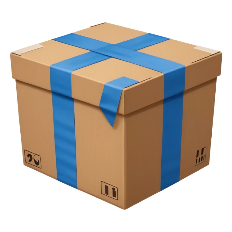 brown cardboard box with only two wide blue tape strips in H-shape on the lid, no other markings, slightly from above sticker