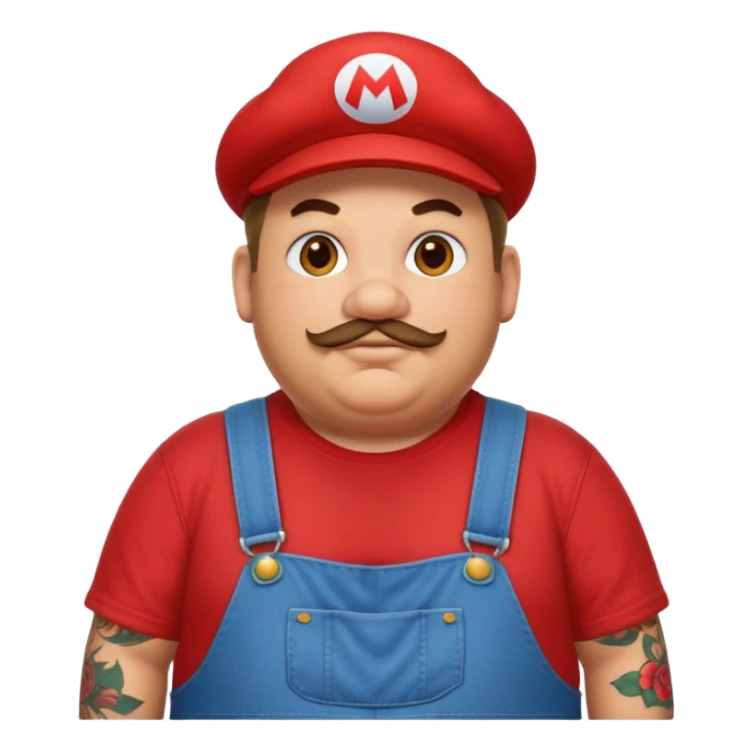 Fat guy with tattoos in overalls and a red shirt with a Mario hat sticker
