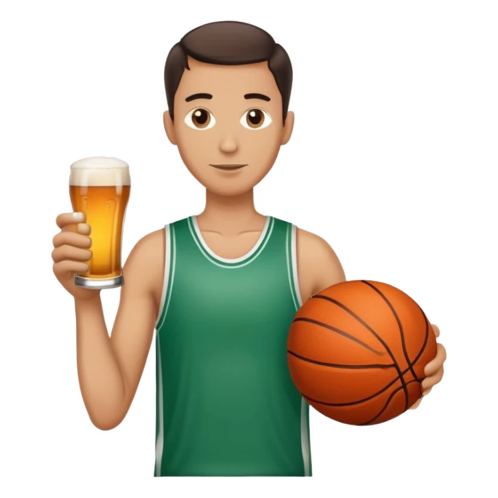 Thin man holding a beer and a basketball sticker