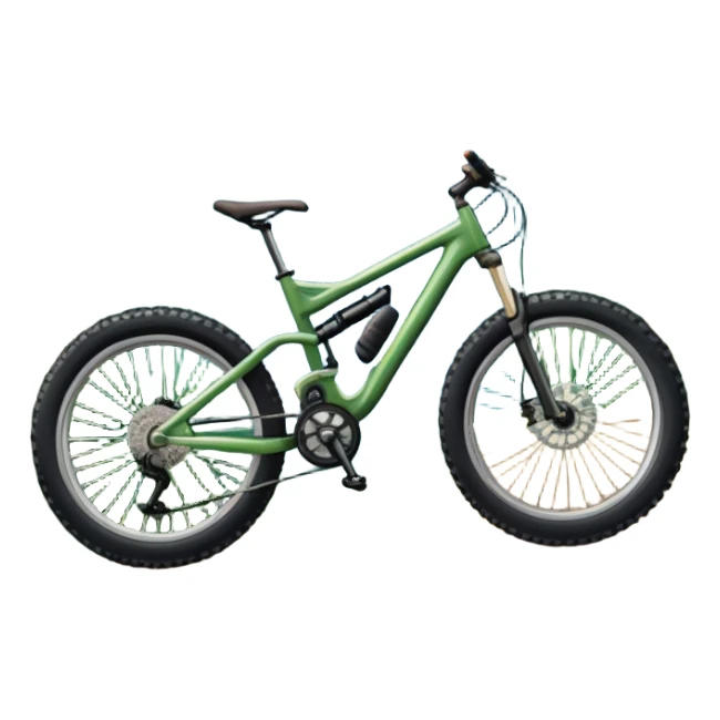 An icon featuring a mountain bike with wide tires, positioned on a forest trail or rocky mountain road. The background shows dense trees, steep slopes, and distant peaks under a clear blue sky. Transparent background highlights the thrill and rugged beauty of mountain biking. sticker