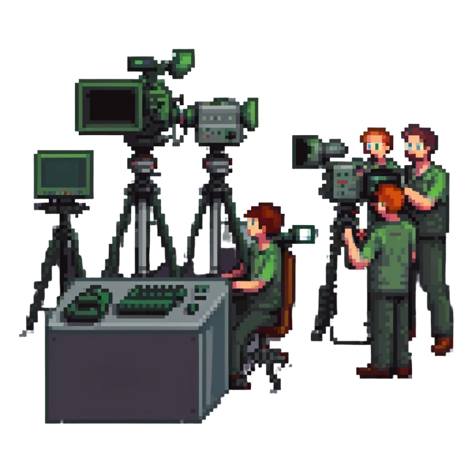 pixel art style, large high resolution image of a film crew collaboration: multiple members (cameraman, sound engineer, director) working together around a broadcast camera, dynamic atmosphere, wide shot, team spirit sticker