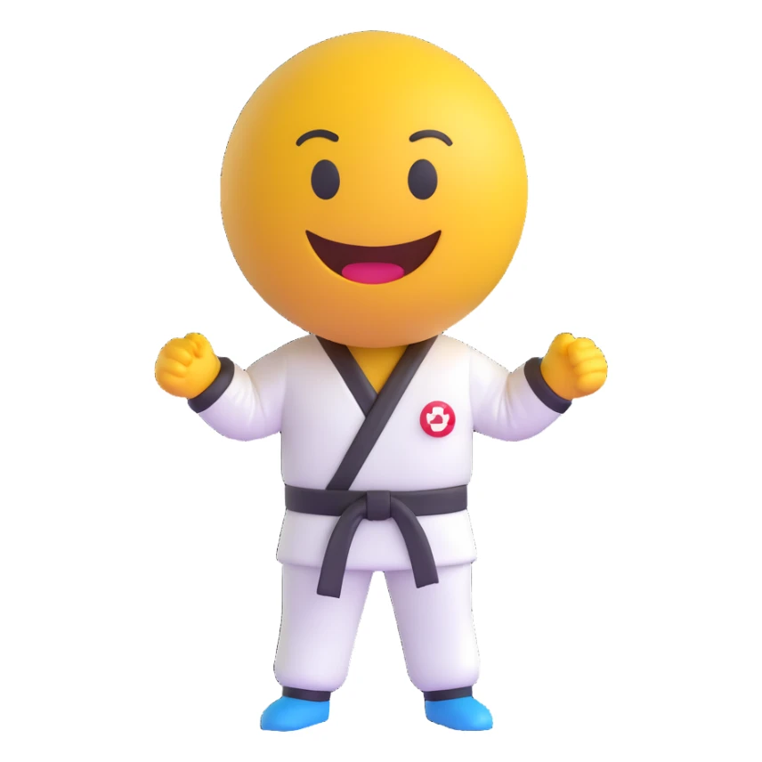 3D smiley emoji, round shape, wearing taekwondo uniform, sporty face, transparent background (taekwondo) sticker