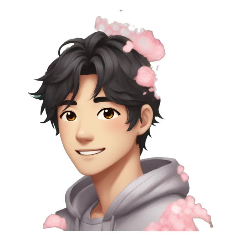 Gorgeous bright sparkly romantic Asian anime style guy with blushing face and flowers aesthetic trending style outside sticker
