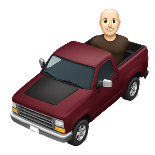 Bald Caucasian man driving maroon pickup truck sticker