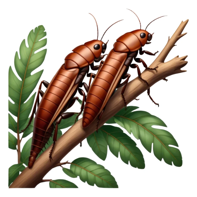 Giant Madagascar cockroaches perched on a branch, showcasing their large, shiny bodies and unique texture. The background includes soft lighting with a natural, leafy atmosphere. Transparent background. sticker