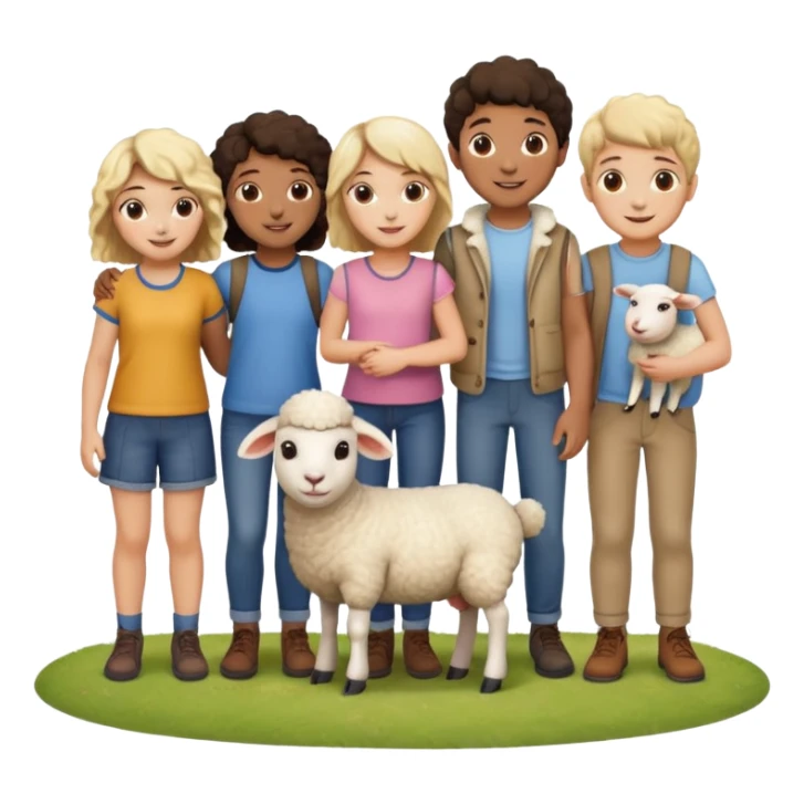 5 persons (3 girls and 2 boys) and a sheep sticker