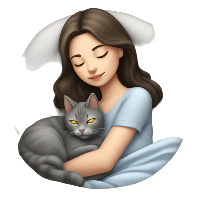 Brunette girl sleeping and grey cat beside her sticker