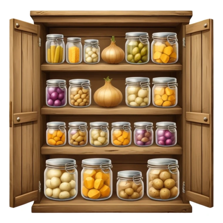 pantry with canned items, onions, potatoes, squash sticker