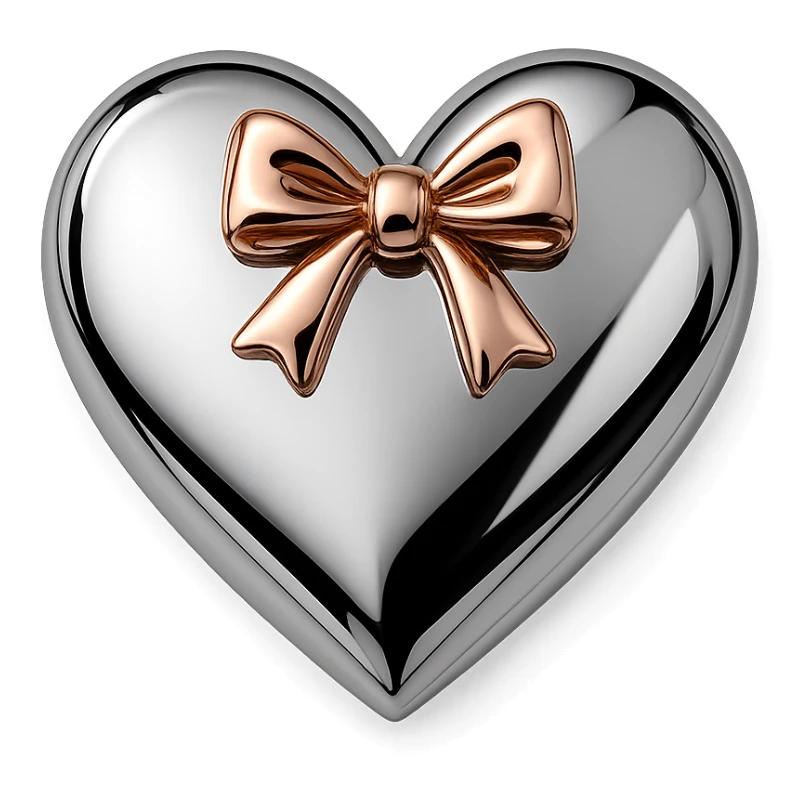 polished silver heart, rose gold bow accent, mirror-like shine, sophisticated sticker