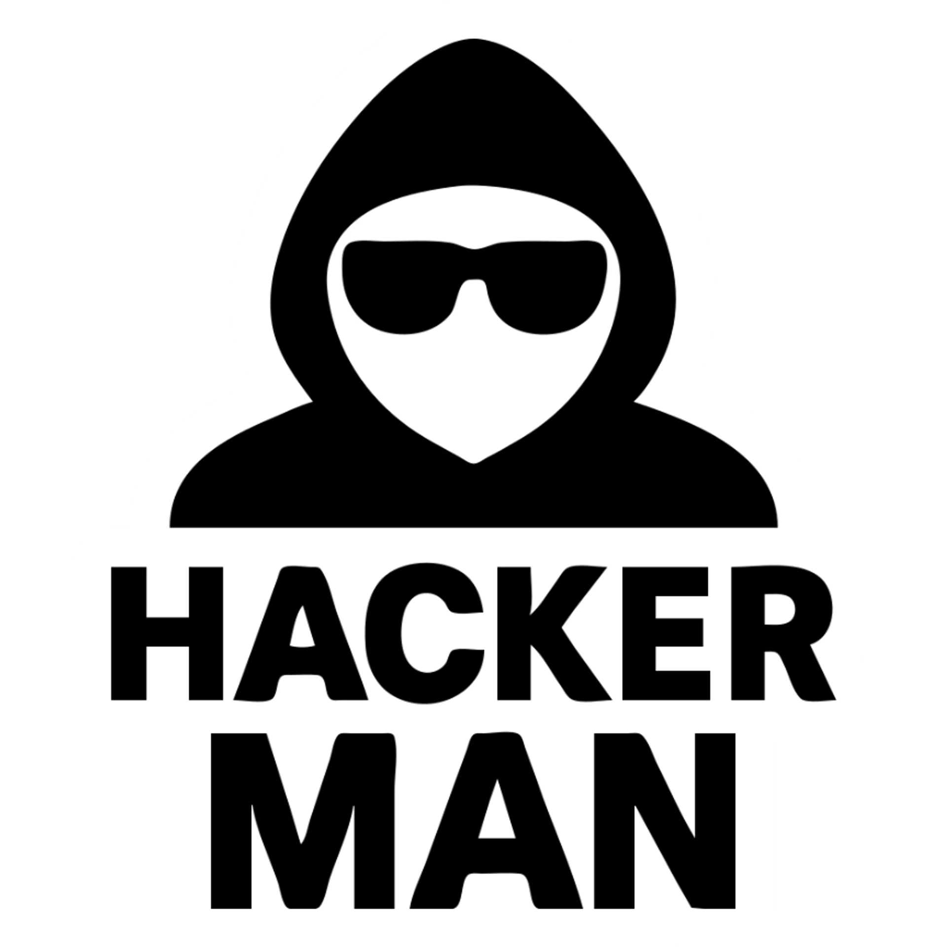 the phrase HACKER MAN as a bold, eye-catching logo or icon in solid black filled icon style sticker