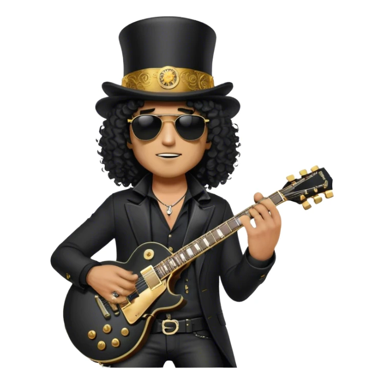 Create a legendary and iconic emoji representing Slash wearing his top hat and holding his Gibson Les Paul guitar. The design should emphasize Slash's distinctive silhouette, with his wild curly hair, sunglasses, and signature black top hat. He should be depicted holding the famous Gibson Les Paul guitar, known for its smooth curves and powerful sound. Use a dark color palette with deep blacks, gold accents, and subtle details like the guitar’s iconic pickups and knobs. The background should be transparent to highlight Slash’s rockstar persona sticker