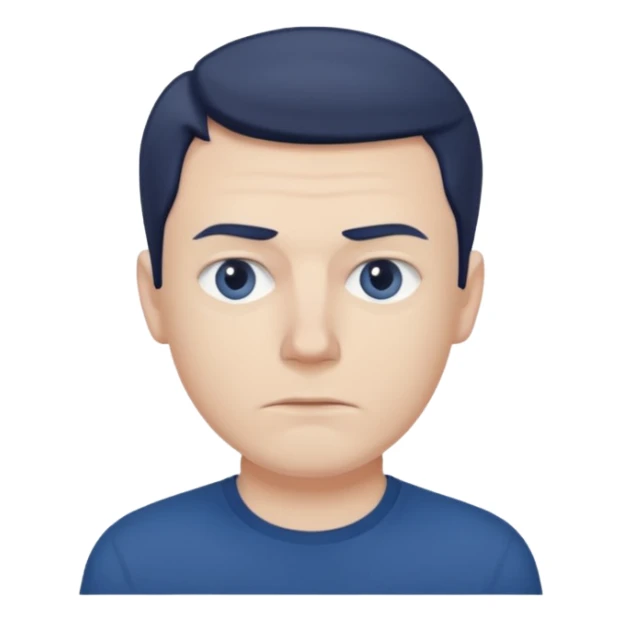 a white man in a dark blue t-shirt with a suspicious look sticker