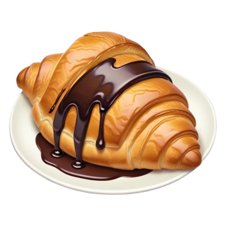 There's a croissant with chocolate syrup on a pale purple napkin sticker