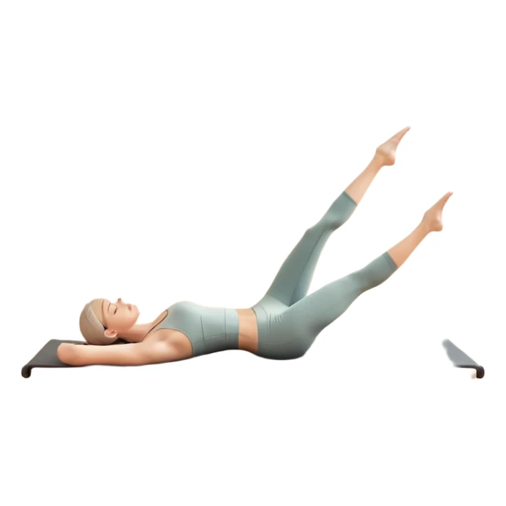 A person performing a Pilates exercise on a mat in a clean, modern studio. The focus is on core strength and flexibility, with a neutral, calming color palette. Simple equipment like a reformer machine and a soft, tranquil background enhance the feeling of controlled movement and focus. sticker