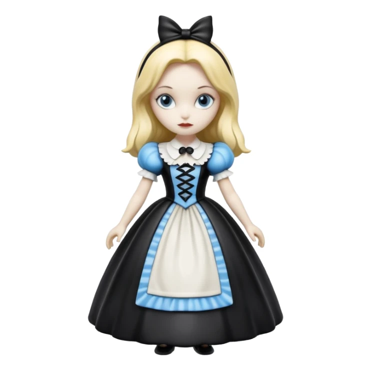 Isolated, detailed illustration of the most incredibly realistic, goth style disney character Alice in wonderland 
figurine imaginable, toy style. sticker