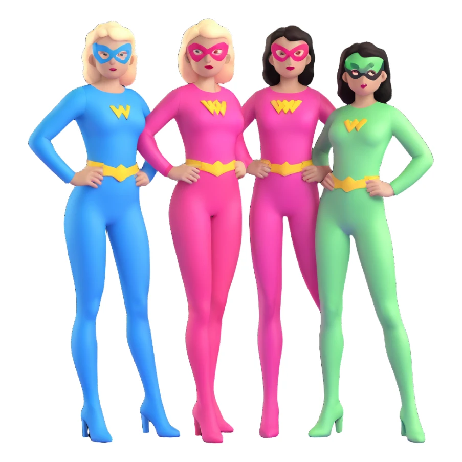three female superheroes posing together - one wearing light blue outfit, one wearing pink outfit, and one wearing light green outfit sticker