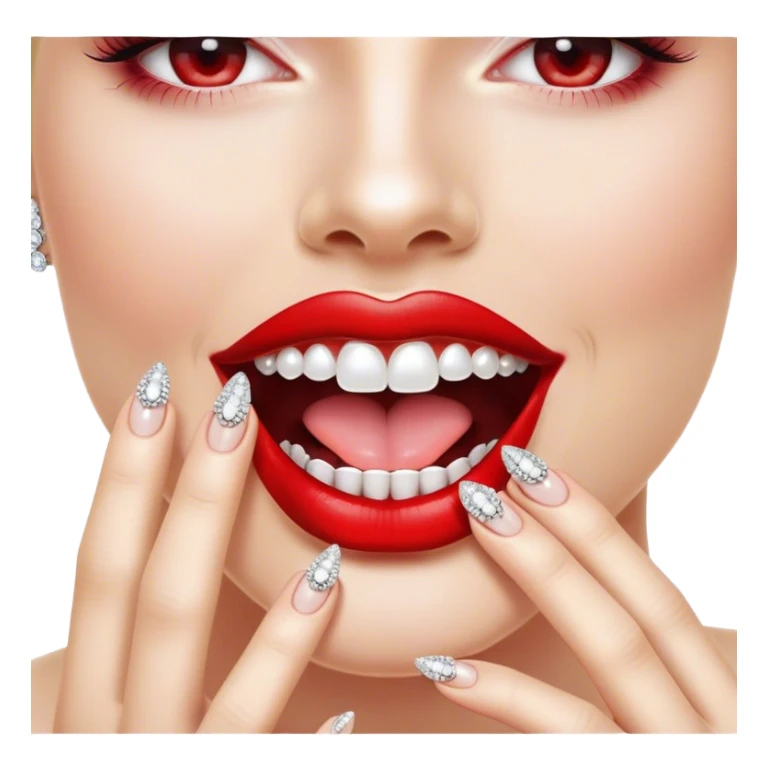 Glossy, bright red lips slightly parted. Inside, sparkling diamonds grillz. A playful tongue touching the teeth. A long, elegant fingernail with a soft white shade. No face, only lips and finger sticker