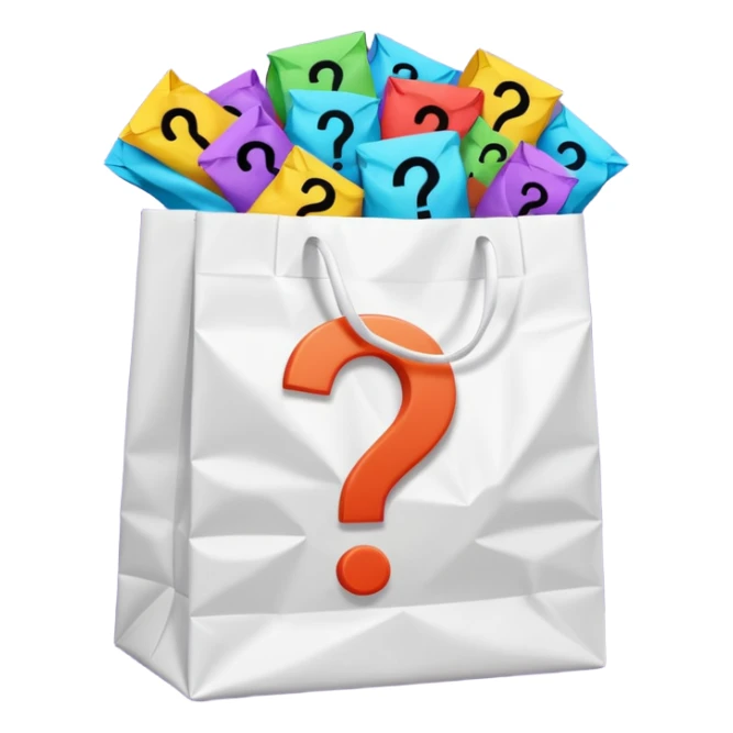 white goodiebag with questions mark boxes stuffed in it sticker