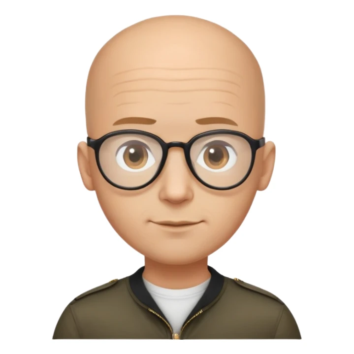 Oval-faced man with large forehead, aviator glasses, completely bald sides with extremely short dark curly hair only on crown, light brown skin, friendly neutral expression, black shirt sticker