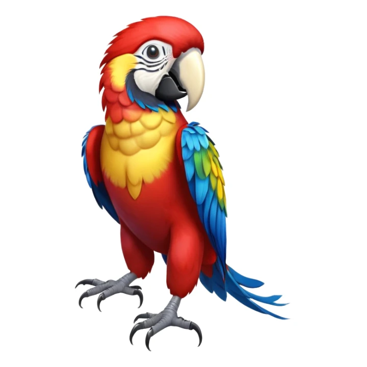 cinematic-macaw-realistic-full-body-standing-emoji,-vibrant-feathers-glowing-with-rich-reds,-blues,-and-yellows,-head-tilted-dramatically,-curved white-beak-gleaming,-piercing-dark-eyes-exuding-confidence,-simplified-yet-realistic-focused sticker