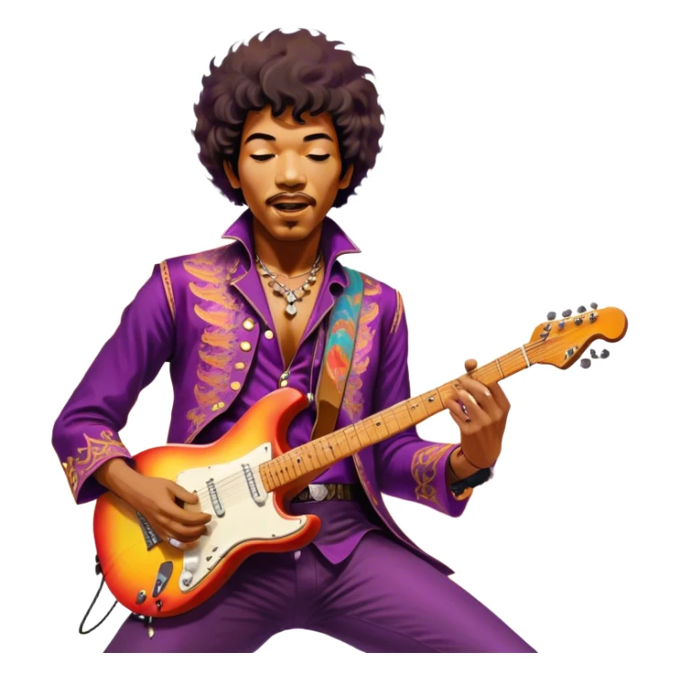 Icon for Rock Music: Jimi Hendrix playing his iconic guitar on stage, surrounded by his band. The design should capture the electrifying energy of his performance with vibrant lighting, swirling colors, and musical intensity. Transparent background. sticker