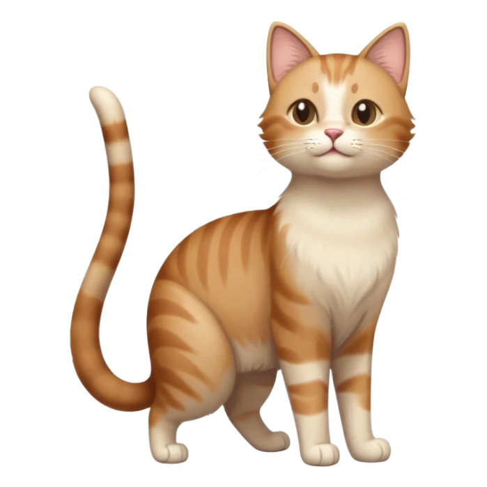 standing cat with tail raised upward, soft brown and beige colors, friendly calm expression, natural pose, warm lighting, flat illustration sticker