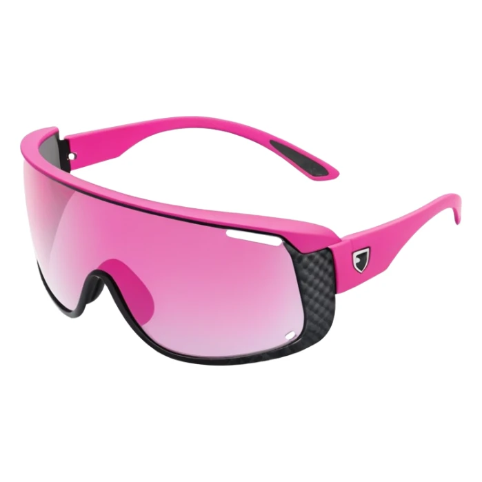 sporty pink shield visor sunglasses with thick frame with carbon fiber appearance, lightweight yet chunky design, substantial build, one-piece lens with hydrophobic coating sticker