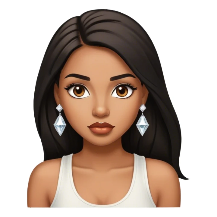 light brown skin tone, very beautiful woman, with big plump lips, long long lashes, black straight long hair, brown eyes, white tank top, diamond stud earrings sticker