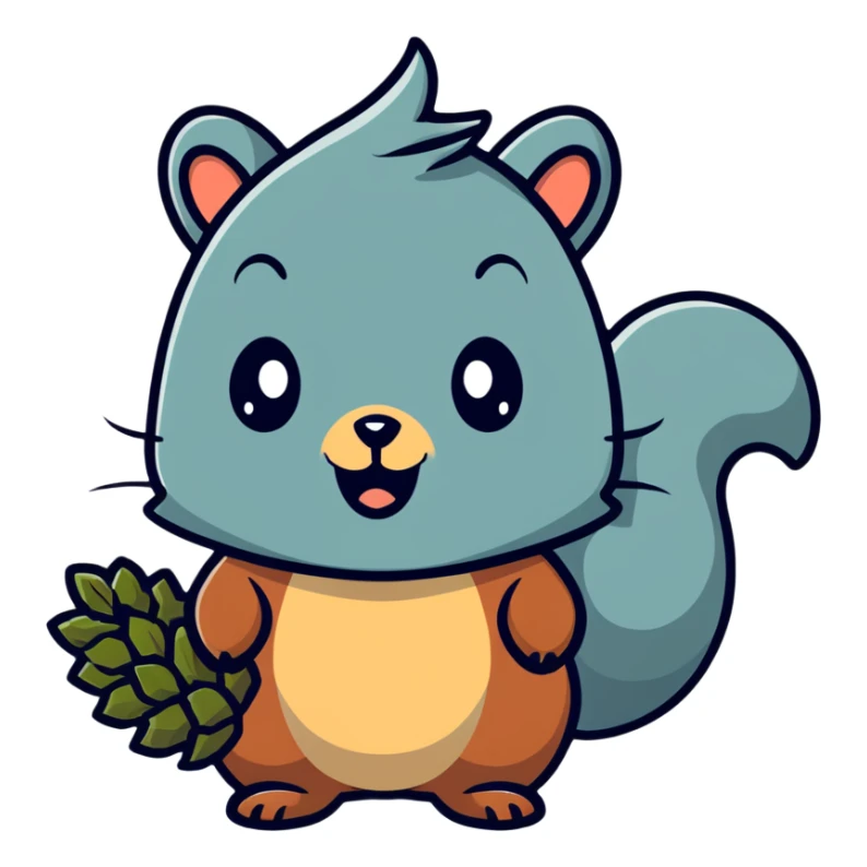 A greedy little squirrel with a big pine cone on top of its head, showing a strange facial expression, wide eyes sticker