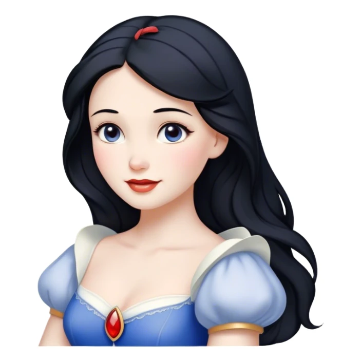 Cinematic Radiant Snow White Portrait Emoji, rendered in a realistic, vector style with clean proportions. Show Snow White with a soft, welcoming smile, delicate porcelain skin, and neatly arranged raven hair, wearing her timeless dress. The image radiates a warm, inviting glow, high shine, and is enhanced by a soft glowing outline that accentuates her gentle beauty. sticker