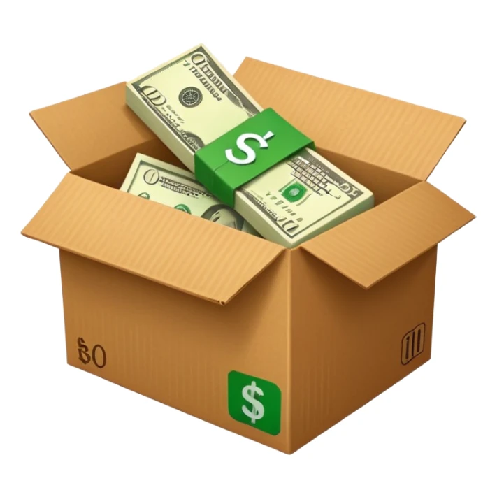 a shipping box with a single green cash bill with a dollar sign on it in front of it sticker