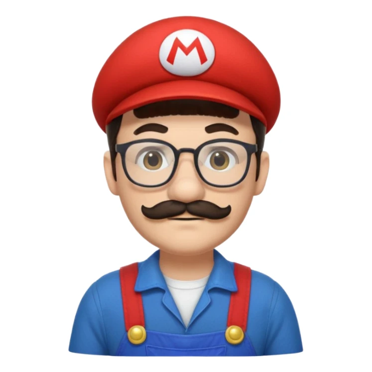 person with glasses, short dark hair, mustache and beard, dressed as Mario from Super Mario sticker