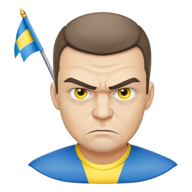 super-realistic angry Ukrainian with ukranian flag sticker