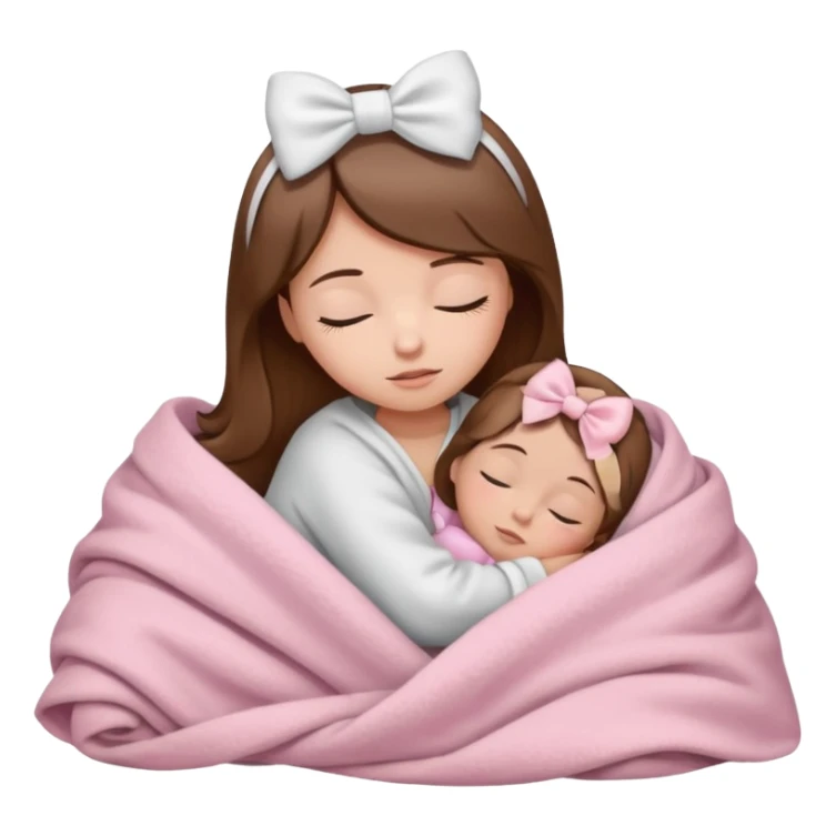 Sleeping child with brown hair wrapped in a light pink blanket with a white bow over the blanket sticker