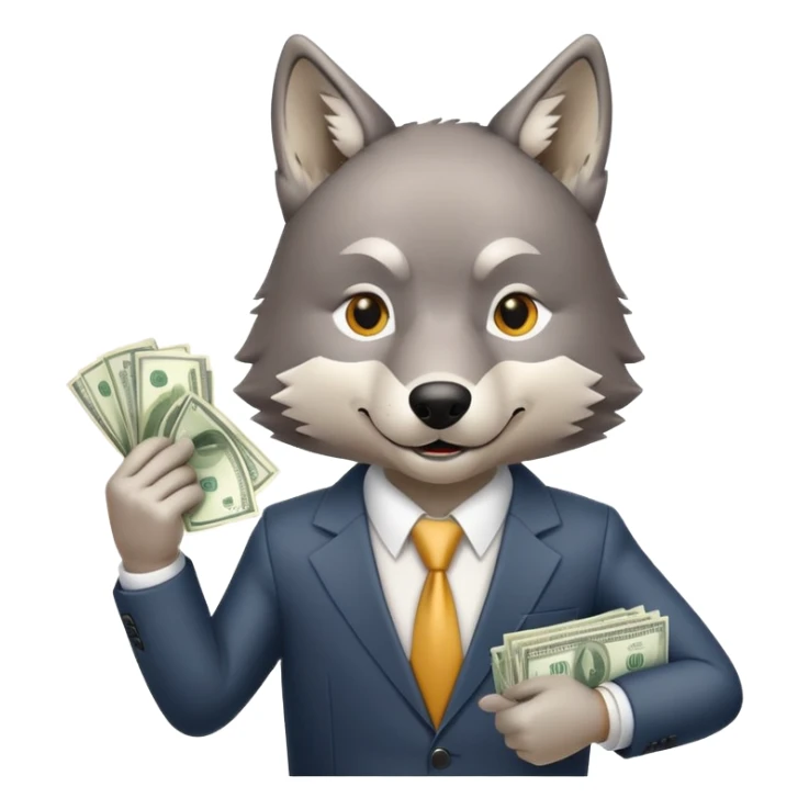 wolf in business suit holding money and stock charts sticker