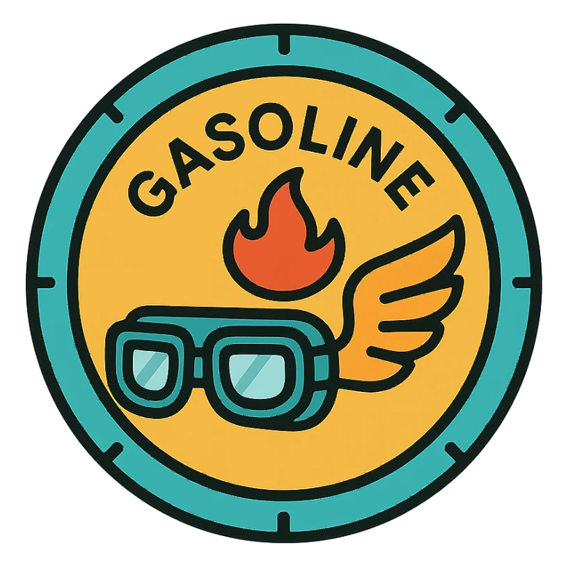 circular motorcycle gas cap design, transparent background, text 'GASOLINE', motif: motorcycle goggles, wing, flame, modern style sticker