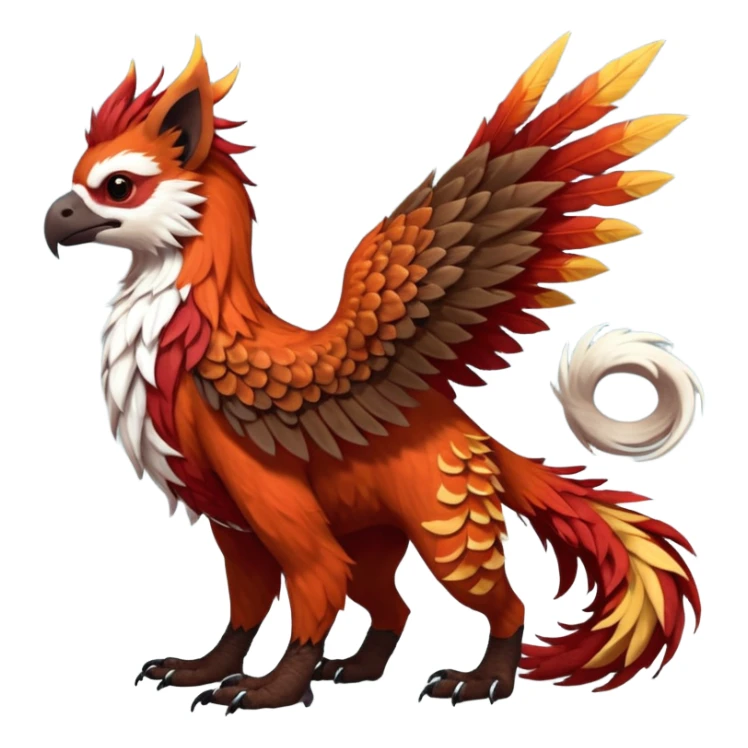 4-legged realistic scaly winged long-big-beaked Gryphon-Griffin-Griffsnuff-Talonflame-Silvally-Braviary-Red-Panda-fusion-hybrid-animal-Fakémon-creature, full body, with a long thin tufted lion-tail sticker