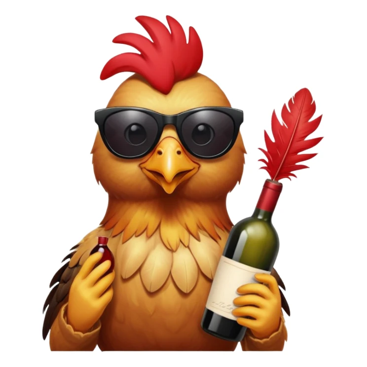 A chicken holding a wine bottle with black sunglasses sticker