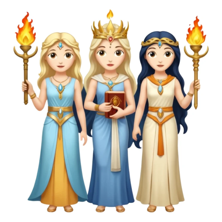 Three goddesses. one with a key, one with a torch, one with a book and a moon on it.  sticker