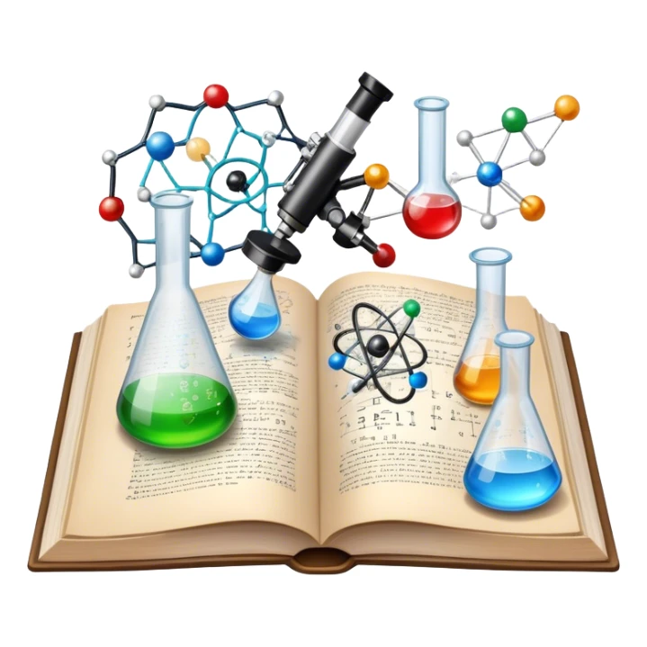 Icon for Scientific and Educational Reading: an open book with mathematical and physical formulas on the pages, with molecules and atoms flying out. On the desk are test tubes, flasks, and a microscope. Transparent background. sticker