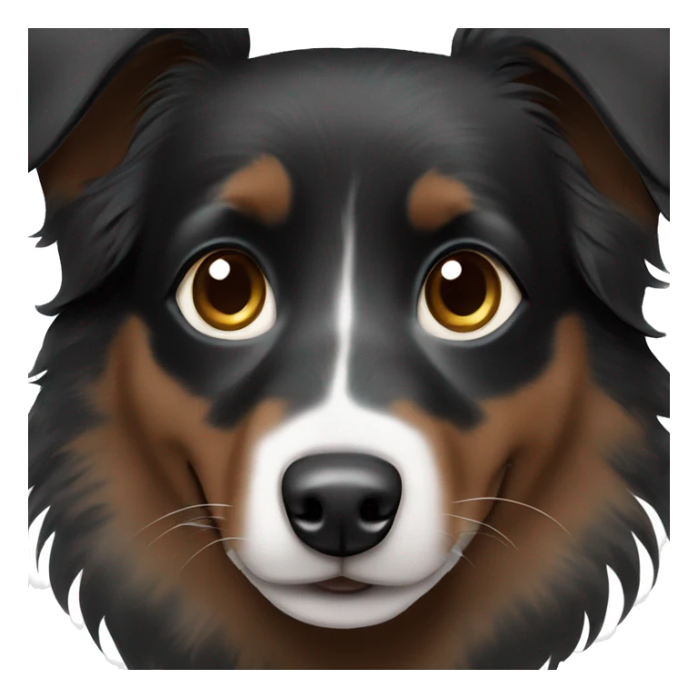 Small black australian shepherd dog with dark brown eyes and black face sticker