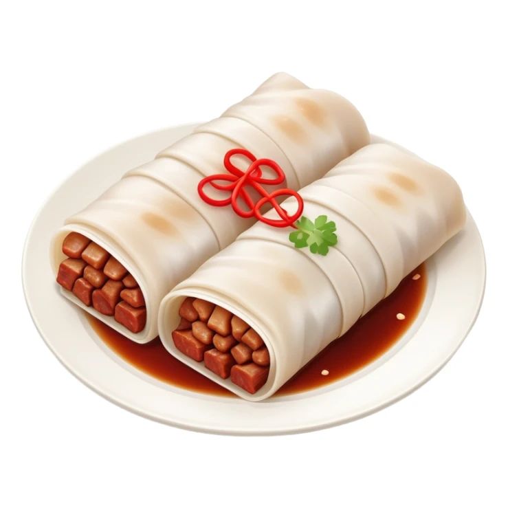 BBQ pork rice noodle roll Char Siu Cheung Fun with reddish meat filling, simplified emoji style with bold outlines and bright colors, cartoon style Guangdong breakfast favorite sticker