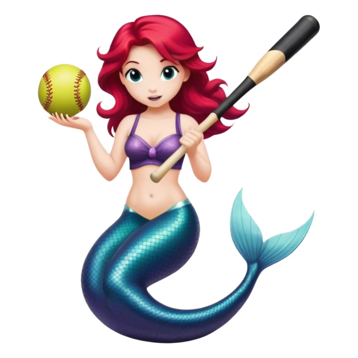 Ariel the mermaid holding a black softball bat in a batting stance sticker