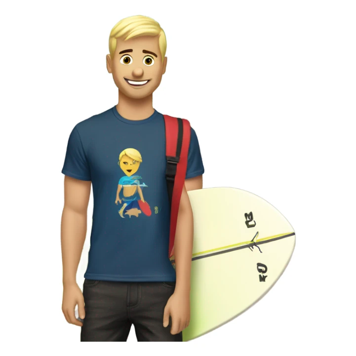 Short hair blond surfer with “love this life” written on his tshirt sticker
