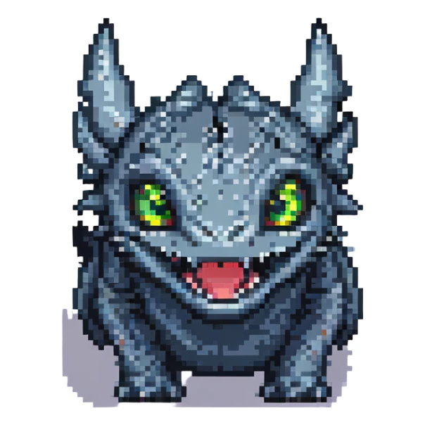 Toothless from 'How to Train Your Dragon' looking shocked, pixel art style sticker